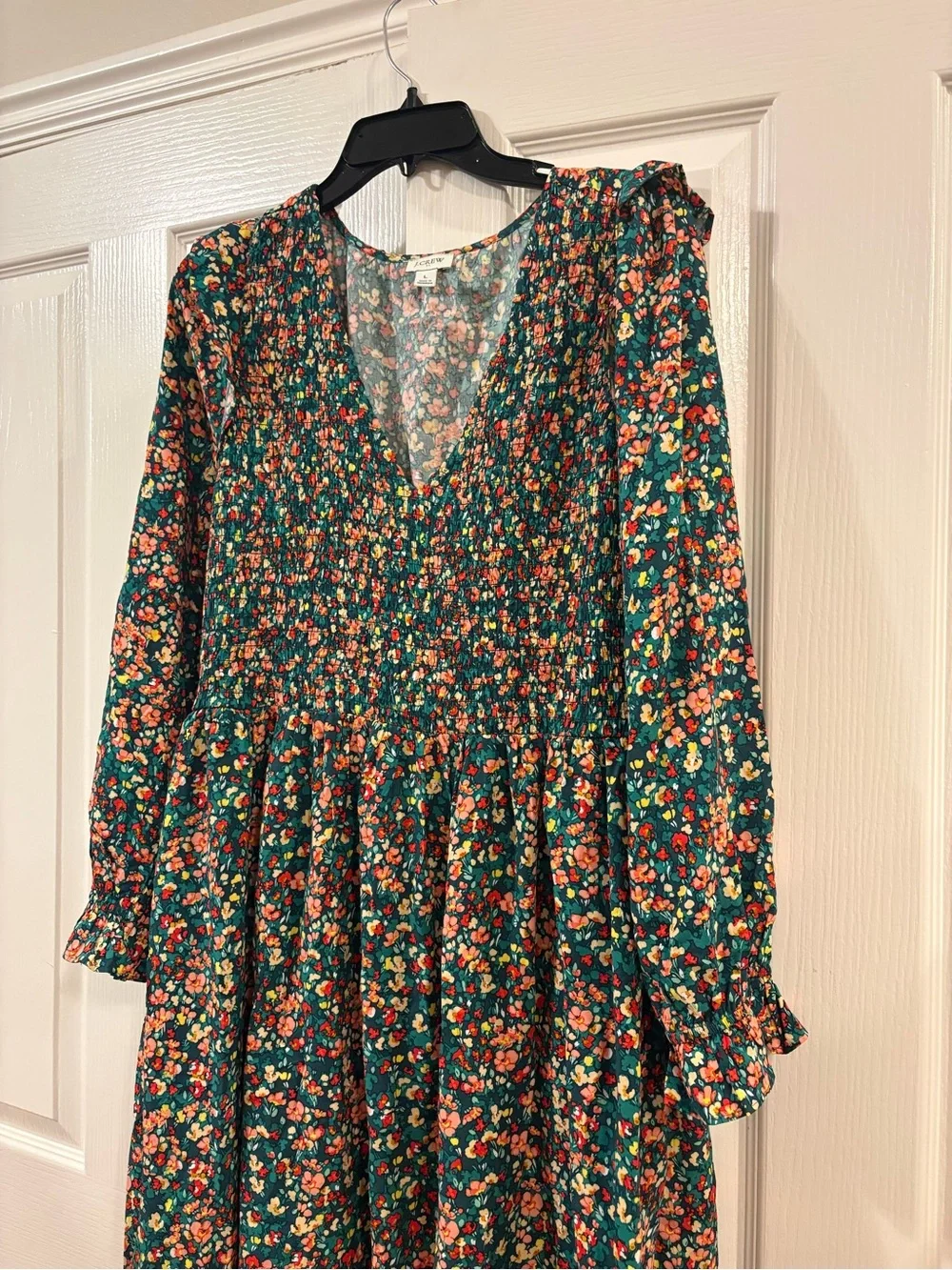 J.Crew V-Neck Smocked Midi Dress L Green Floral Cottagecore Prairie modest BK526